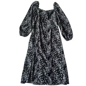 Missguided Black Floral Print Square Neck Puff‎ Sleeve Midi Dress